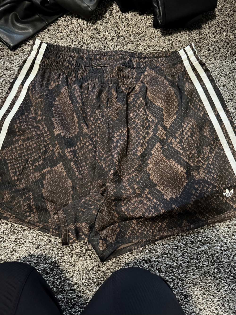 adidas Brown Snake-Print Athletic Shorts with White Three Stripes